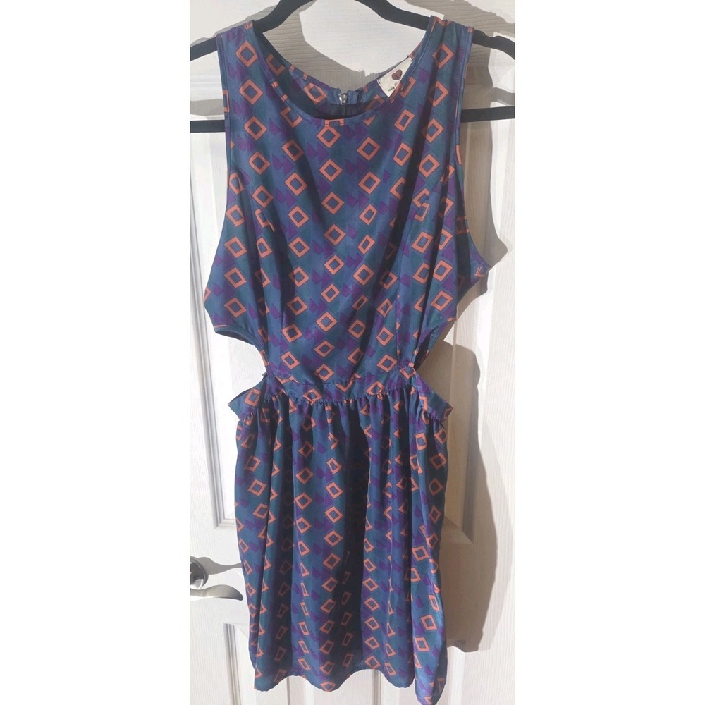 One Clothing Mini Dress Medium Teal Geometric Cutout Festival Boho Retro Modern